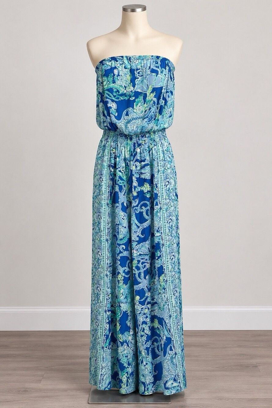 Lilly Pulitzer Pim JUMPSUIT Size XS Strapless Wide Leg Blue Green Coastal Beach